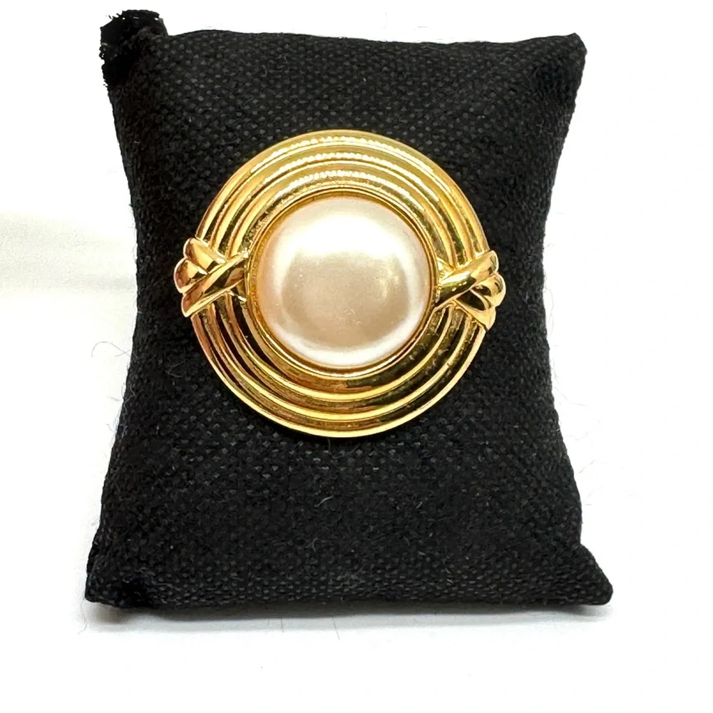 Monet Goldtone and Faux Pearl Round Brooch
